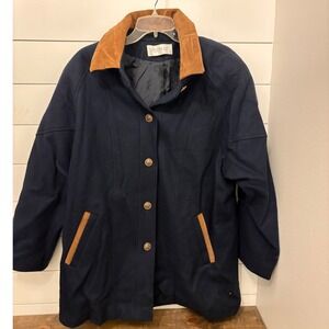 Sherwood Vintage 80 Wool Coat Men Sz 18 Blue Brown Suede Collar Trim Made in USA